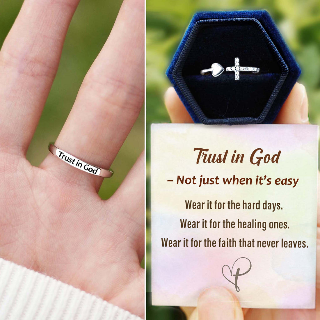 Trust in God Cross & Heart Adjustable Ring