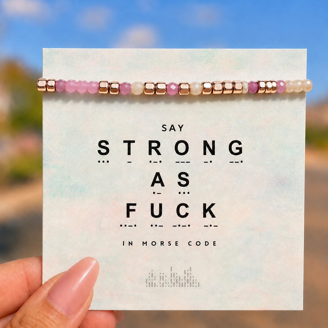 pink tourmaline strong as fuck morse code bracelet, morse code jewelry