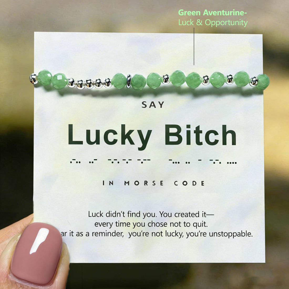 'Lucky Bitch' Green Aventurine Morse Code Bracelet